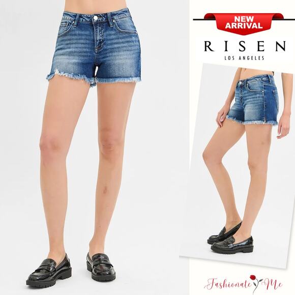 RISEN Low Rise Frayed Hem Distressed Zip Fly Stretch Medium Washed Denim Shorts - Picture 1 of 8